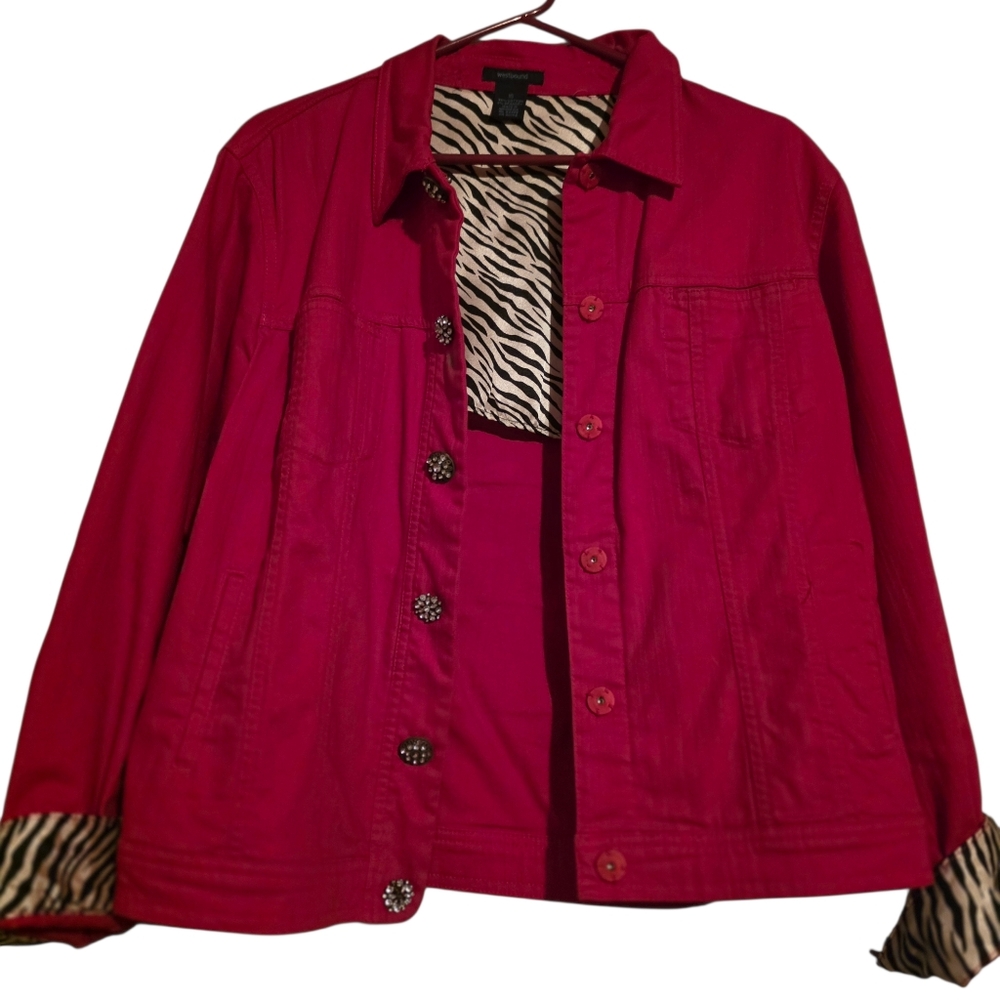 Zebra Lined Collar & Cuffs, Large Sparkle Jeweled Buttons, Red Denim Jacket - Picture 9 of 12